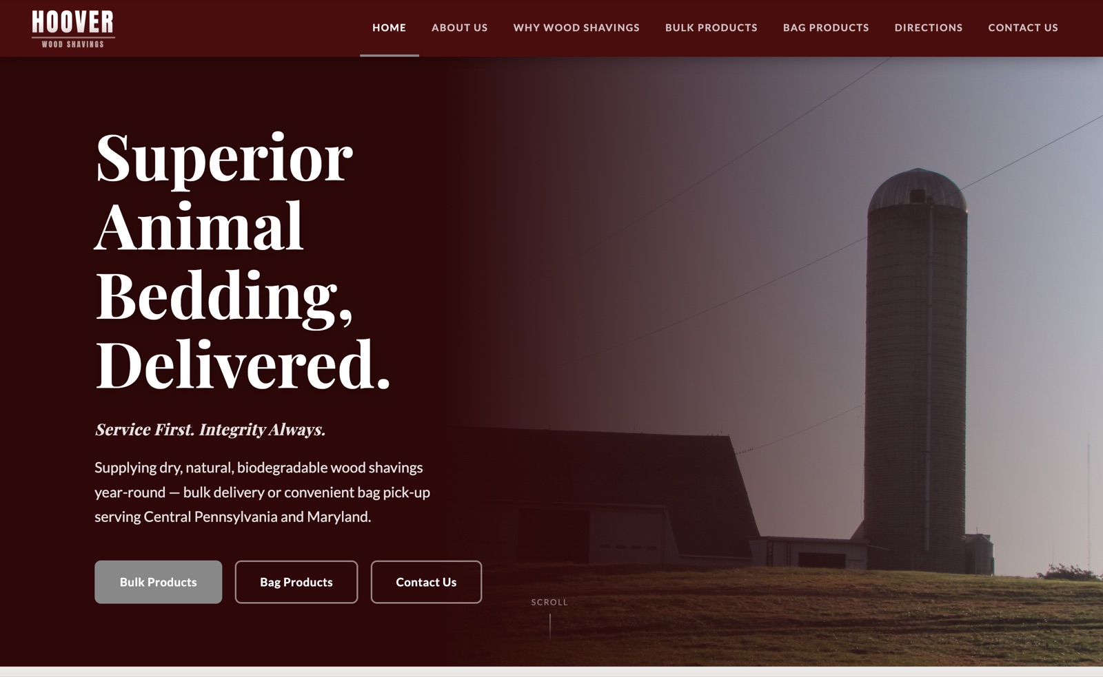 Hoover Wood Shavings website after the Penny Digital redesign — modern editorial layout